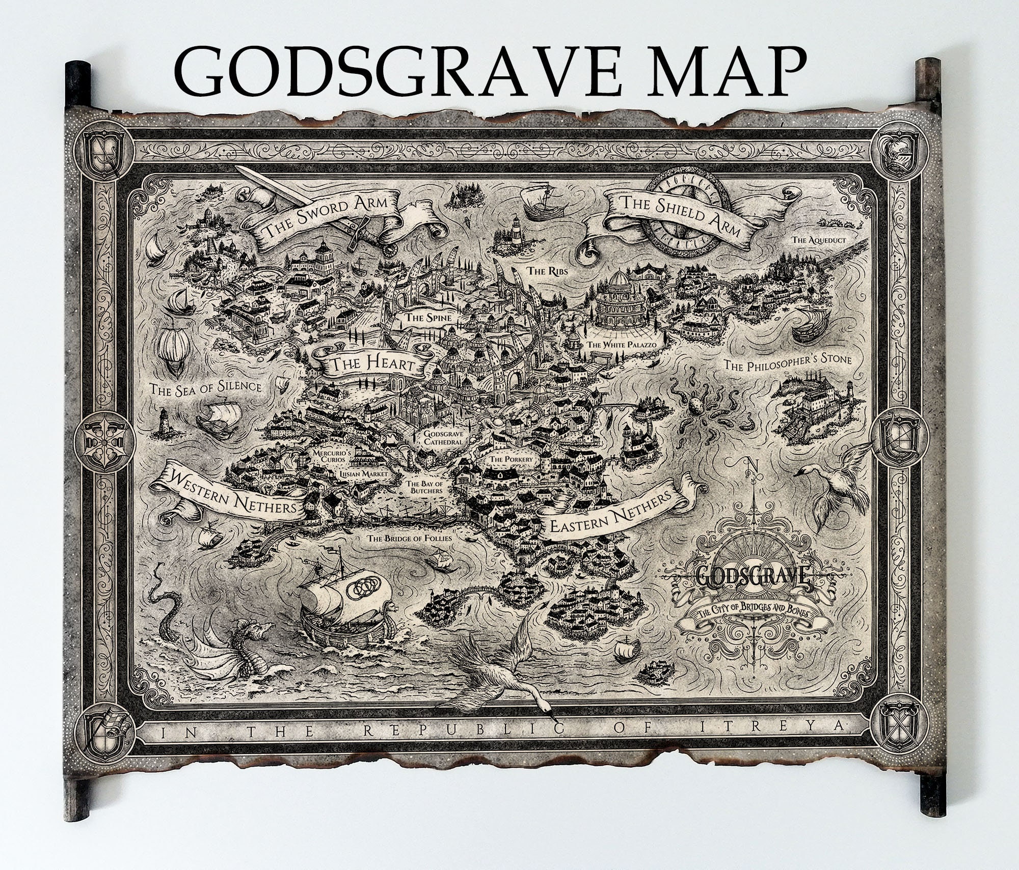 絹本 厄除け 髑髏の図 長さ193cm Godsgrave Map, Nevernight Map on Handmade Scroll, the City