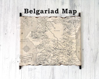 May include: A vintage-style map of the Belgariad world, with the title "Belgariad Map" at the top. The map features detailed geographical elements, including landmasses, seas, and place names. The map is framed with dark wooden rods.