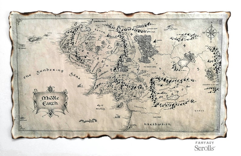 FREE SHIPPING Midlle Earth Map on Handmade Scroll, Lord of the Pings