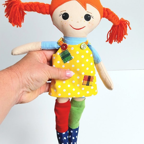 Pippi, doll with long socks, Pippi soft toy, soft doll, doll with patterned socks