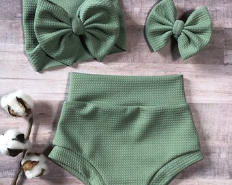 Sage Green Bummies | Matching Bow or Headwrap | Baby through Toddler Sizes