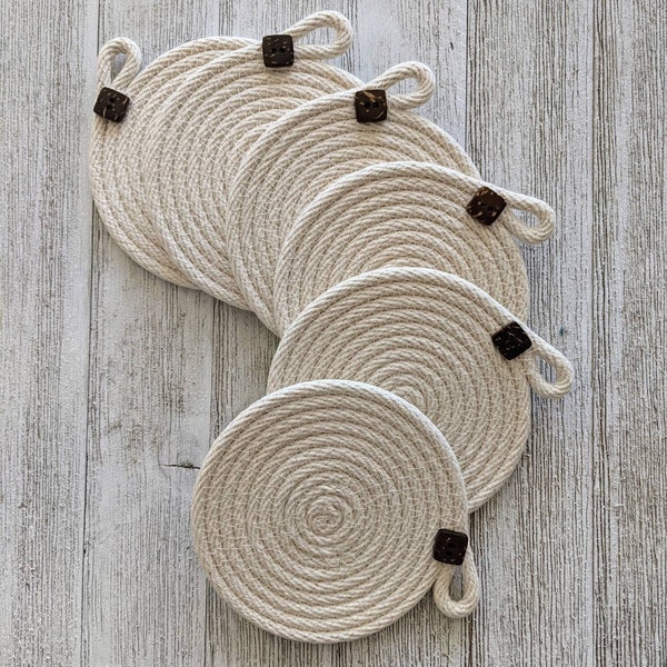 Cotton rope coasters, Set of 6 - 4" diameter, Coastal Decor, Rustic and Boho Chic, Simple but Beautiful