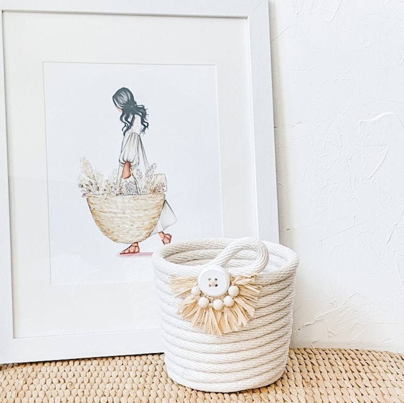 Cotton Rope Basket, Summer Decor, Beach Vibes, Natural Fibers, Cotton, Raffia, Wooden Beads, Bohemian Decoration, Minimalist Style image 3