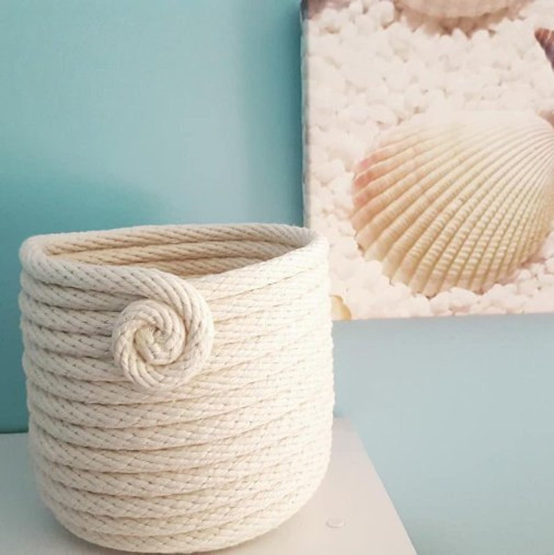 Beige rope basket, storage, beach house, cotton rope, beach decor, basket, simple decor, rustic, two different finishings , swirl or tassel. image 2