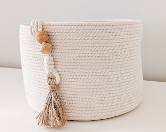 All-Purpose Cotton Rope Basket, Blanket Toy Laudry Storage, Decorative Wooden Beads, Home Decor, Gift Idea