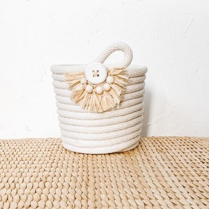 Cotton Rope Basket, Summer Decor, Beach Vibes, Natural Fibers, Cotton, Raffia, Wooden Beads, Bohemian Decoration, Minimalist Style image 1