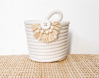 Cotton Rope Basket, Summer Decor, Beach Vibes, Natural Fibers, Cotton, Raffia, Wooden Beads, Bohemian Decoration, Minimalist Style