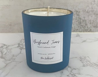 Boyfriend Jeans Soy Candle, Sandalwood Candle, Cornflower Blue Ceramic Candle, Musky Candle Scent