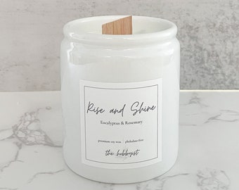 Rise and Shine Candle, Eucalyptus and Rosemary Soy Candle, Fresh Scented Candle, White Ceramic Candle, Clean Natural Candle