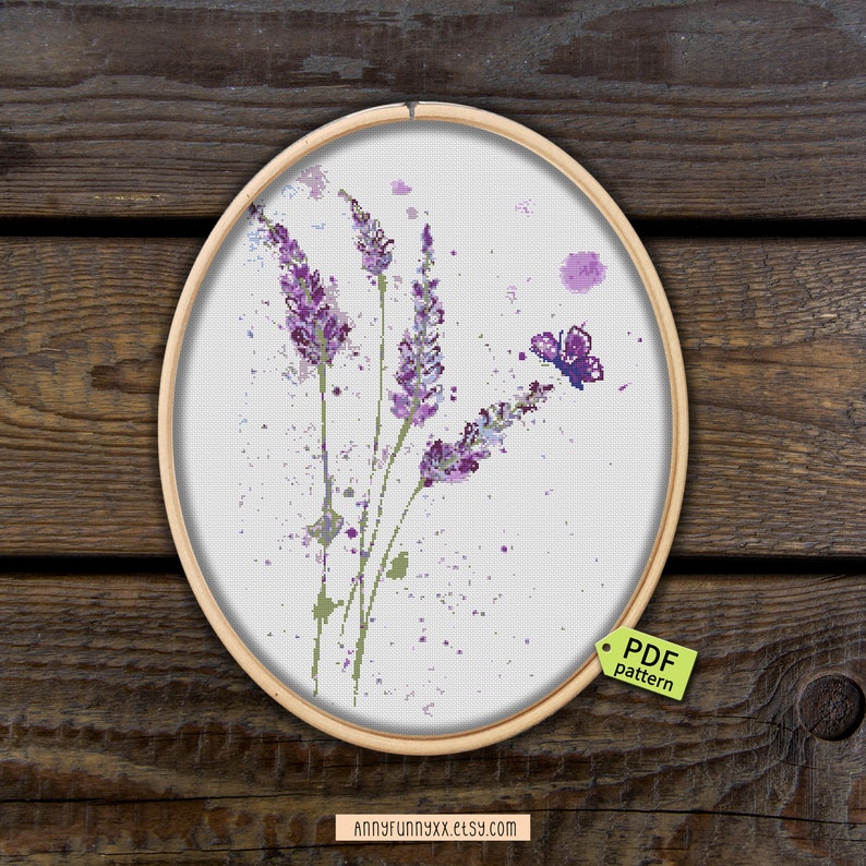 Cross Stitch Pattern Lavender Flowers Pdf Watercolor Floral Cross Stitch Mother Day Gift Purple Lavender Embroidery Pattern - 