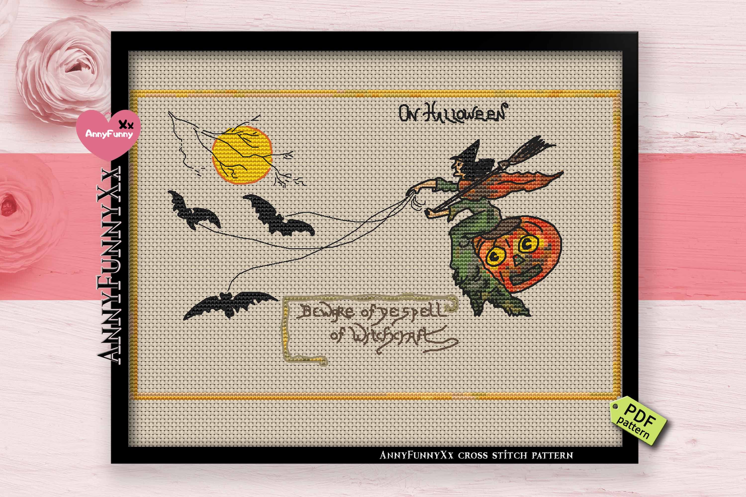 Primitive Halloween cross stitch pattern PDF witch embroidery Etsy