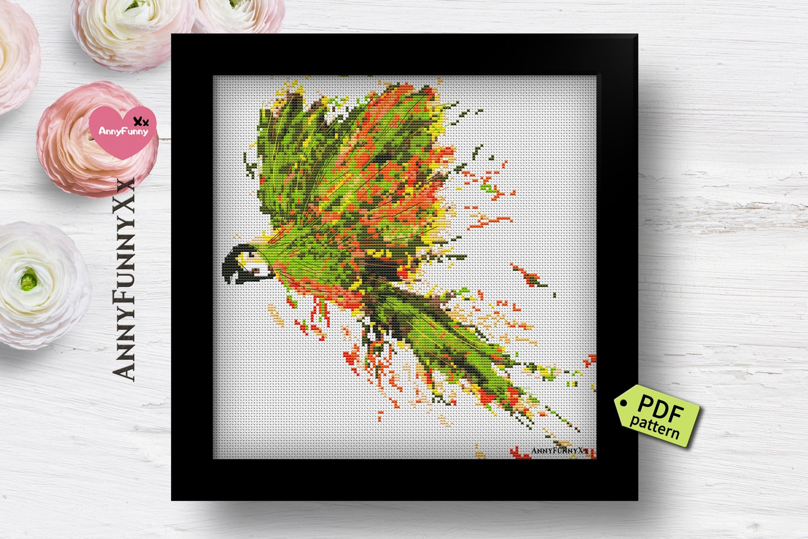 Green Parrot counted cross stitch pattern PDF Birds | Etsy