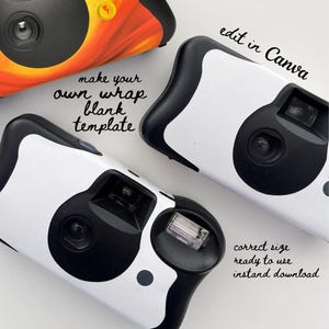 以下が含まれることがあります： さまざまなデザインの使い捨てカメラ。オレンジと黄色の渦巻き模様のカメラもあれば、白黒の牛のような模様のカメラもあります。画像には「make your own wrap blank template」と「edit in Canva」という文字が含まれています。