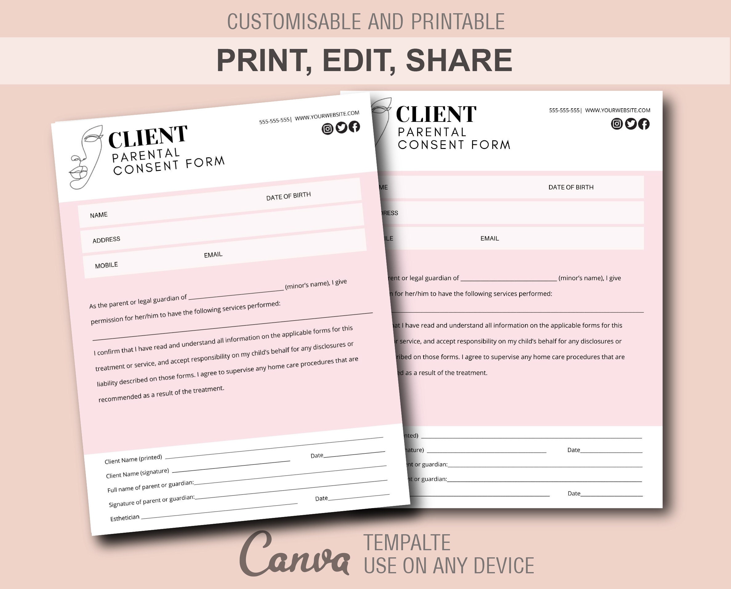 Parental Consent Record Form Beauty Treatments Client Etsy UK
