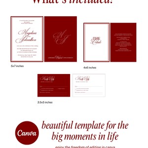May include: A wedding invitation set template with a burgundy and white color scheme. The set includes invitation cards, details cards, and RSVP cards. The main invitation is 5x7 inches, with other cards at 4x6 and 3.5x5 inches. The text reads "What's included?" and "beautiful template for the big moments in life."