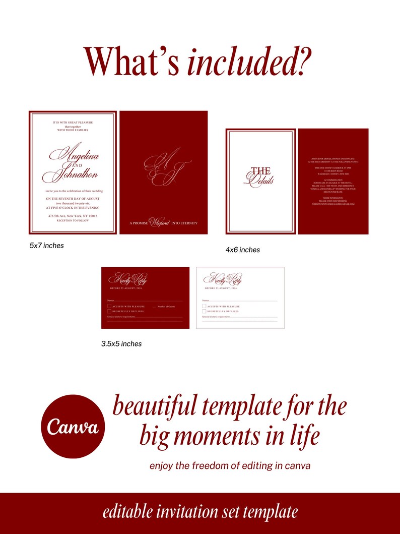 May include: A wedding invitation set template with a burgundy and white color scheme. The set includes invitation cards, details cards, and RSVP cards. The main invitation is 5x7 inches, with other cards at 4x6 and 3.5x5 inches. The text reads "What's included?" and "beautiful template for the big moments in life."