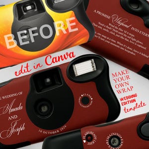 May include: Several disposable cameras with black and red bodies are displayed. One camera has the word "BEFORE" printed on it. Other cameras have text that reads "WEDDING OF Amada AND Joseph 10 OCTOBER 2026" and "MAKE YOUR OWN WRAP WEDDING EDITION template."