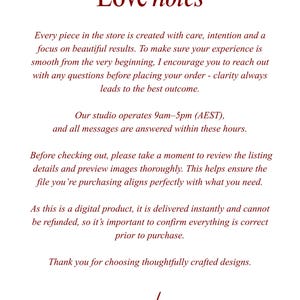 May include: A white background with the text "Love notes" in a burgundy script font. The text below describes the store's focus on beautiful results, customer service, and digital product details.