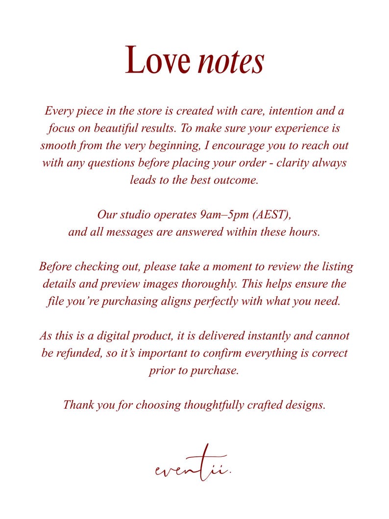 May include: A white background with the text "Love notes" in a burgundy script font. The text below describes the store's focus on beautiful results, customer service, and digital product details.