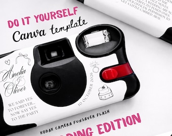 Kodak Einweg-Kamera-Abdeckung Wrap: Etiketten-Vorlage, Kameraverpackung selbst gestalten, Vorlage FunSaver MIT BLITZ Film Kamera bearbeiten in CANVA