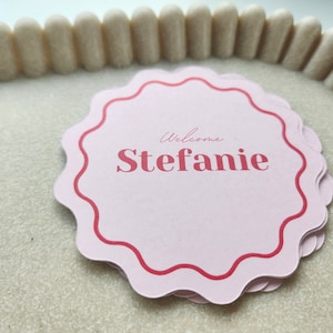 Circular Wavy Place Cards Round Scalloped Edge, Wedding or Bridal shower Wavy Edge name card, Yellow Card Coasters | Modern Round Place card