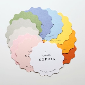 May include: A stack of colourful, scalloped paper circles with the text "welcome SOPHIA we're so glad you're here" on the top circle.