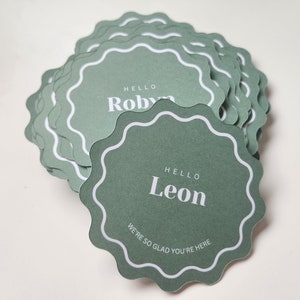 Circular Wavy  Place Cards Round Scalloped Edge, Wedding or Bridal shower Wavy Edge name card, Yellow Card Coasters | Sage Place card