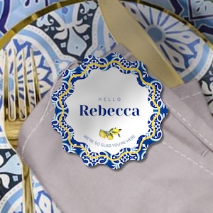 Circular Wavy Place Cards Round Scalloped Edge, Wedding or Bridal shower Wavy Edge name card, Amalfi Card Coasters | Wavy Place card