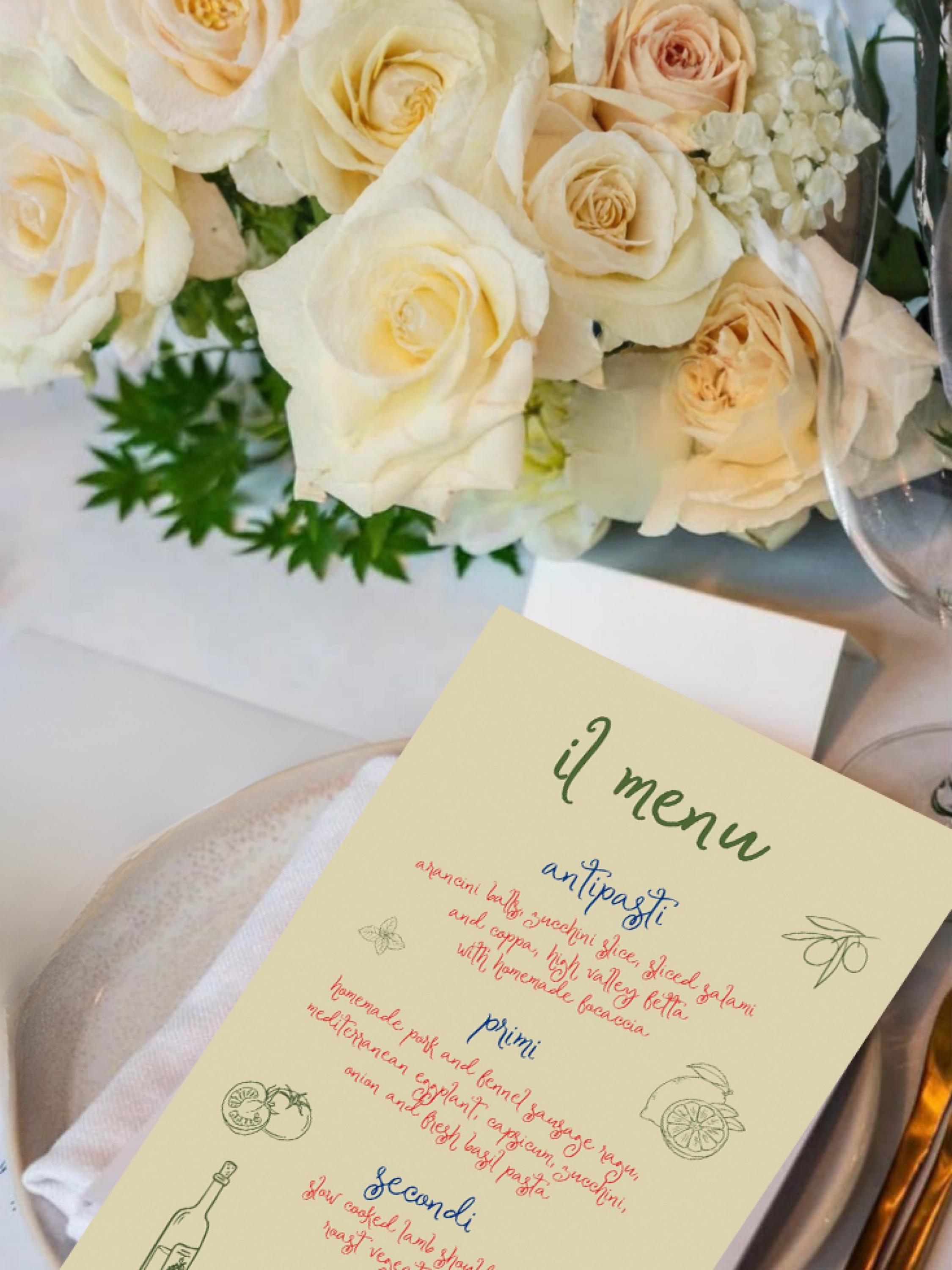 Italian Themed Table Menu – Printed Mediterranean Event Menu ...