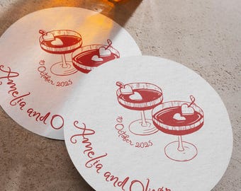 Printed Coasters, Whimsical Martini Red Wedding Love Cocktail Coasters Hand Drawn Illustrated, Customised Coasters