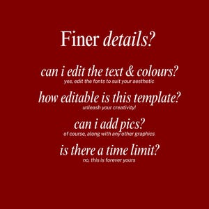 May include: A red background with white text. The text asks questions about editing a template, including text and colors, and adding pictures. The answers are also provided in white text.
