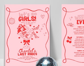 Last Rodeo Bachelorette Itinerary Template Bachelorette Weekend Invite Template, Cowgirl Disco Bachelorette, Western Canva Template