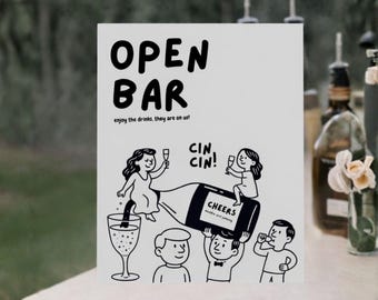 Bar Sign Wedding Template, Wedding Bar Sign, Hand Drawn Bar Menu Sign, Rehearsal Dinner Open Bar Sign, The Night Before Bar Signs Template