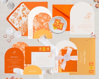 Conjunto de invitaciones de boda con diseño floral de sol • Plantillas editables de Canva, conjunto de invitaciones / Plantilla de boda de verano naranja E0102