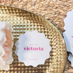 Circular Wavy Place Cards Round Scalloped Edge, Wedding or Bridal shower Wavy Edge name card, Yellow Card Coasters | Modern Round Place card