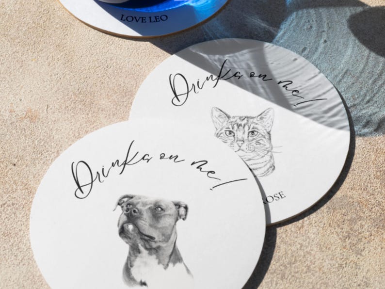 Printed Coasters, Dog Cat Coaster, Pet place card, Pet Portrait Wedding Pet Wedding Ideas Cat Dog, Favour Drink Coaster Wedding image 1