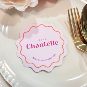 Circular Wavy Place Cards Round Scalloped Edge, Wedding or Bridal shower Wavy Edge name card, Yellow Card Coasters | Modern Round Place card