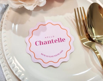 Circular Wavy Place Cards Round Scalloped Edge, Wedding or Bridal shower Wavy Edge name card, Yellow Card Coasters | Modern Round Place card