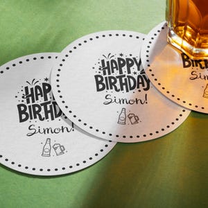 Printed Coasters, Birthday Beer Coasters Hand Drawn Illustrated, Drinking and Dancing place card, Customised Coasters with Guest Names