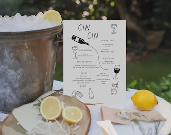 Bar Sign Wedding Template, Cin Cin Bar Sign, Hand Drawn Bar Menu Sign, Rehearsal Dinner Open Bar Sign, The Night Before Bar Signs Template