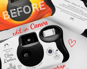 コダック使い捨てカメラカバーラップ：ラベルテンプレート、自分だけのカメラをデザイン、コダックファンセーバーフィルムカメラCanvaテンプレートデザイン、ウェディングエディション