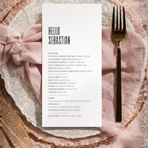 Personalised Wedding Menu with Guest Name | Minimal Modern Table Menu | Simple Elegant Design | Rectangular Menu | 99 × 210 mm Printed Menu
