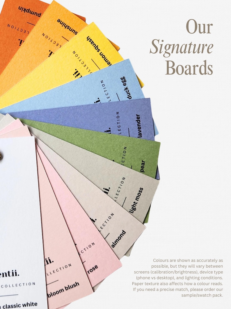 May include: A fan of colorful paper swatches, each labeled with a unique color name like "pumpkin" and "lavender." The text "Our Signature Boards" is displayed in elegant script. The color palette includes shades of orange, yellow, blue, green, and pink.