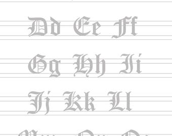 May include: A sheet of paper with a gray grid pattern and a set of uppercase letters in a stylized Old English font. The letters are "Aa Bb Cc Dd Ee Ff Gg Hh Ii Jj Kk Ll Mm Nn Oo".