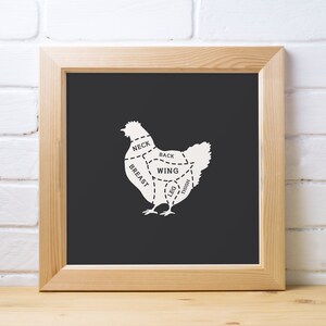 Decoración de cocina - Cortes minimalistas de pollo (cuadrado) - Arte de cocina - Regalos de caza - Cortes de carne - Diagrama de carne - Diagrama de carnicero