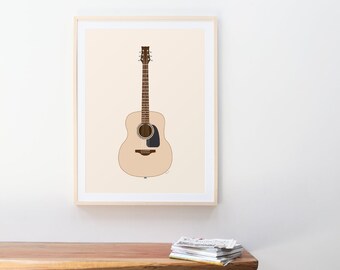May include: A framed print of a beige acoustic guitar with a brown neck and black pickguard. The print is on a cream background and is framed in a light wood frame.