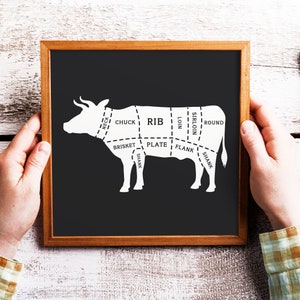 Decoración de cocina - Cortes minimalistas de carne de res (cuadrado) - Arte de cocina - Regalos de caza - Cortes de carne - Diagrama de carne - Diagrama de carnicero