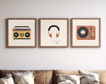 Music Art Set - Music Poster Set - Mid Century Music Decor - College Student Gift - Three Panel Wall Art - Music Decoration Gallery