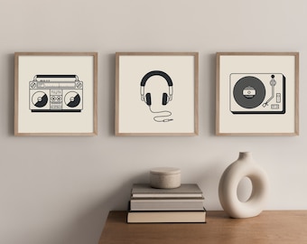 Music Wall Art Trio - Carteles de música vibrante - Arte de música único - Decoración de dormitorio universitario - Regalo de entusiasta del audio - Estilo moderno de mediados de siglo