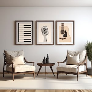 Conjunto de 3 pôsteres musicais - Piano, guitarra e microfone - Presentes para músicos - Arte em sala de música - Arte em estúdio de gravação - Conjunto de pôsteres musicais